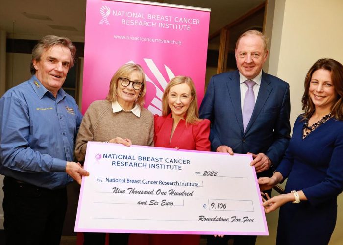 Greig and Anna are pictured above at the Cheque Handover with the Chairperson of the National Breast Cancer Research Institute, Caroline Loughnane, Research Director Michael Kerin and Professor Aoife Lowry